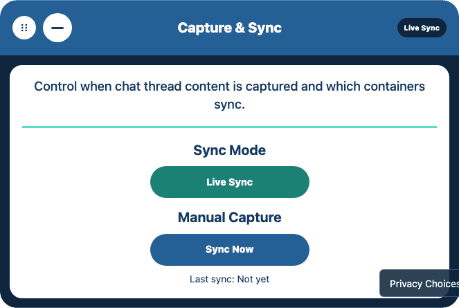 Capture and Sync settings showing Live Sync and the Sync Now button.