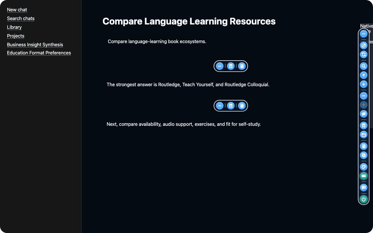 SecondMindOS vertical response controls running in the extension's ChatGPT browser fixture.